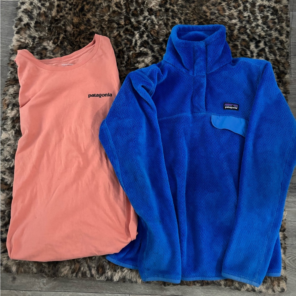 Patagonia Blue Fleece Pullover and pink short Sleeve Shirt